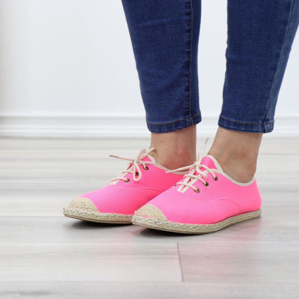 Neon Pink Light Weight Fabric Espadrille Flat Sneakers - Picture 12 of 12